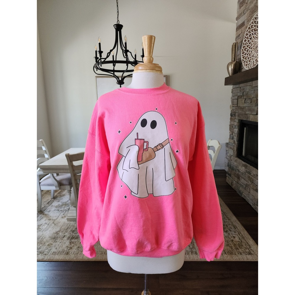 Womens Neon Pink Ghost Graphic Sweatshirt Halloween Spooky Large